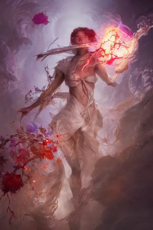 Image similar to beautiful girl necromancer, witch - doctor exploding into flowers, angels, 3 d render, hyper - realistic detailed portrait, holding fire and electricity rainbow, ruan jia, wlop. scifi, fantasy, magic the gathering, hyper detailed, octane render, concept art, peter mohrbacher