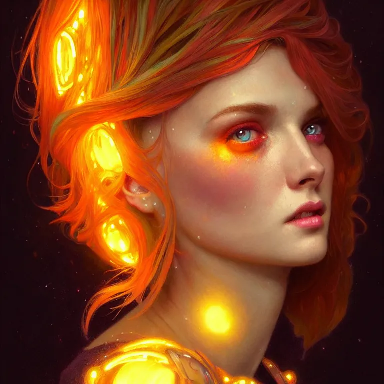 Image similar to bright asthetic portrait LSD glowing backlit, fantasy, intricate, elegant, dramatic lighting, highly detailed, lifelike, photorealistic, digital painting, artstation, illustration, concept art, smooth, sharp focus, art by John Collier and Albert Aublet and Krenz Cushart and Artem Demura and Alphonse Mucha