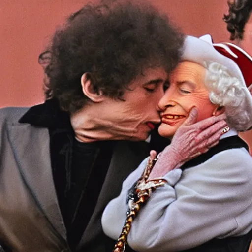 Prompt: bob dylan kissing the queen, clear faces, very high detail