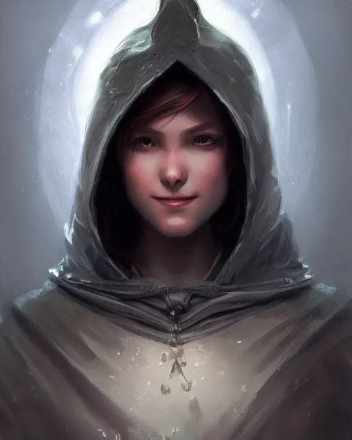 Prompt: Close-up portrait of smiling young nordic girl wearing hood, dark fantasy, portrait, highly detailed, digital painting, artstation, concept art, sharp focus, illustration, art by artgerm and greg rutkowski and alphonse mucha