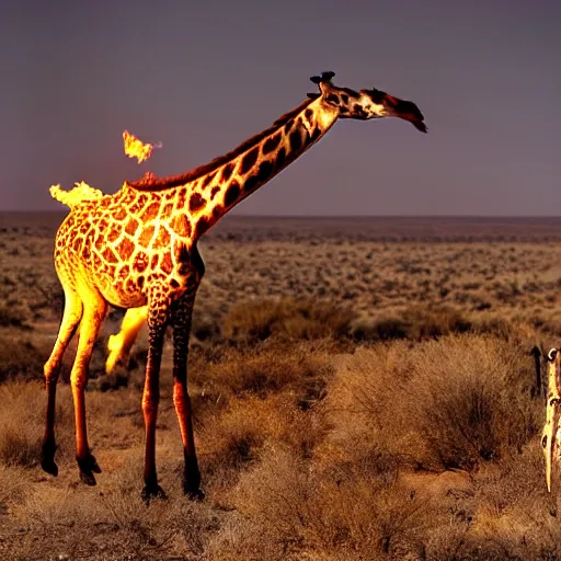 Image similar to burning giraffe in the desert, photorealistic, national geographic photography