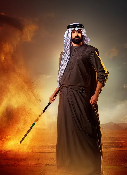 Prompt: portrait of sheikh ruler of dubai, djinn, landscape, swamp, marsh lands, cinematic lighting, studio quality, godly, comic book, 4 k, active, scenic, fury, fiery, dramatic entry