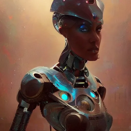Prompt: a beautiful portrait of a robot goddess by greg rutkowski and raymond swanland, trending on artstation, ultra realistic digital art