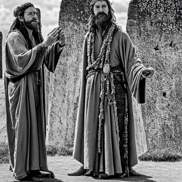 Prompt: photograph of a real-life beautiful druid with ornate robes at stonehenge . Extremely detailed. 8k