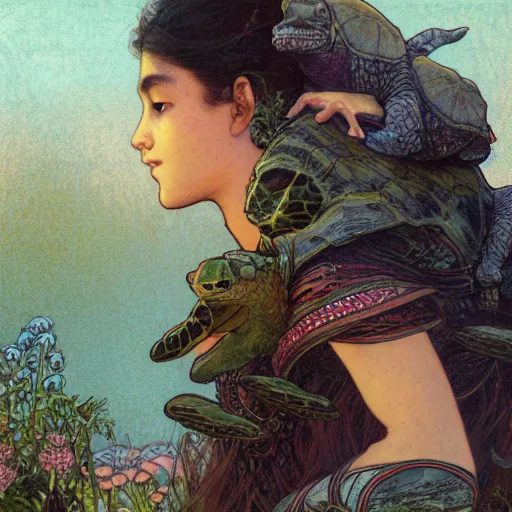 Image similar to a little warrior girl sitting on top of one giant turtle with a wise face looking at her. the girl has dark skin and beautiful green eyes, realistic full body and a very beautiful detailed symmetrical face with long black hair. diffuse light, dramatic sky and landscape, long shot fantasy illustration by mucha