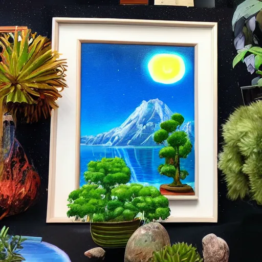 Prompt: a beautiful alien planet with plants and animals. Oil painting in the style of Bob Ross.