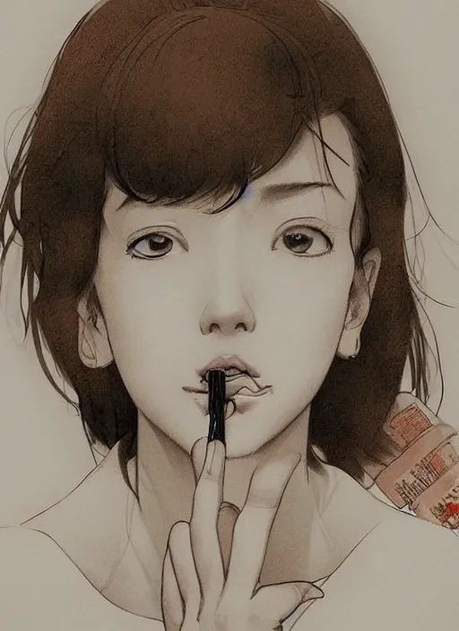 Prompt: portrait of a beautiful girl smoking a cigarette, by takehiko inoue and kim jung gi and hiroya oku, masterpiece illustration, ultrarealistic, perfect hands, perfect face and anatomy, golden ratio