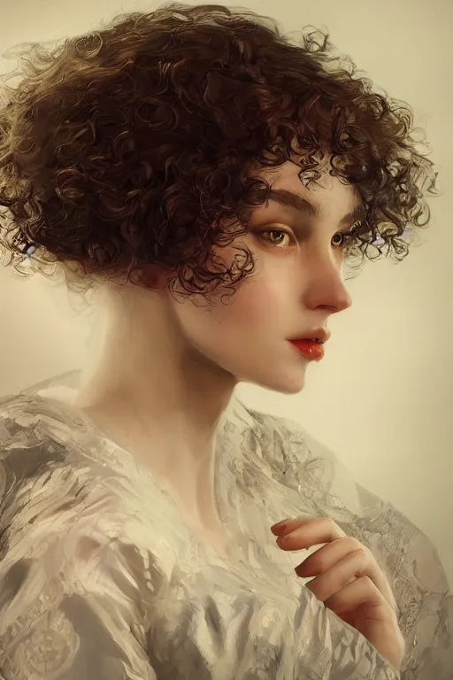 Prompt: a young beautiful lady with curly hair, in style of Valentin Serov, hypermaximalistic, high details, cinematic, 8k resolution, beautiful detailed, insanely intricate details, artstation trending, octane render, unreal engine