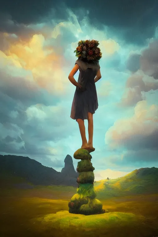 Image similar to perspective giant dahlia flower as head, girl standing on mountain, surreal photography, blue storm clouds, dramatic light, impressionist painting, digital painting, artstation, simon stalenhag