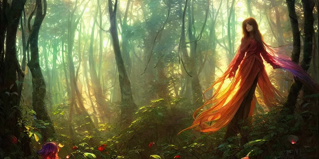 Image similar to a beautiful illustration of a mystic colourful forest, intricate, sharp focus, illustration, highly detailed, digital painting, concept art, matte, art by wlop and artgerm and greg rutkowski and alphonse mucha, masterpiece