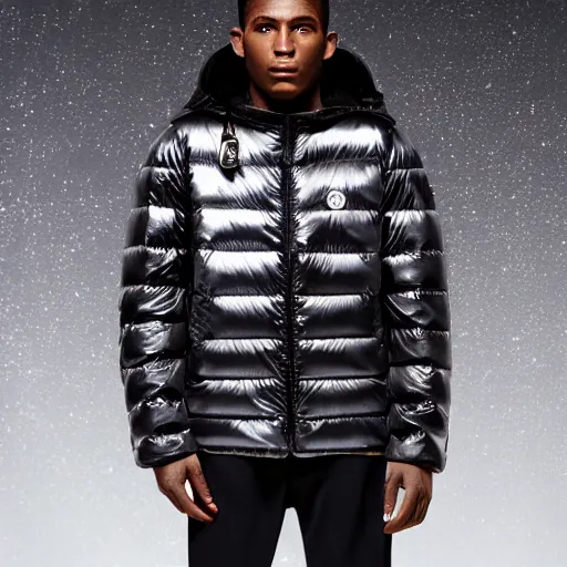 Image similar to photo, black man, silver metallic moncler jacket, baring his teeth like a dog