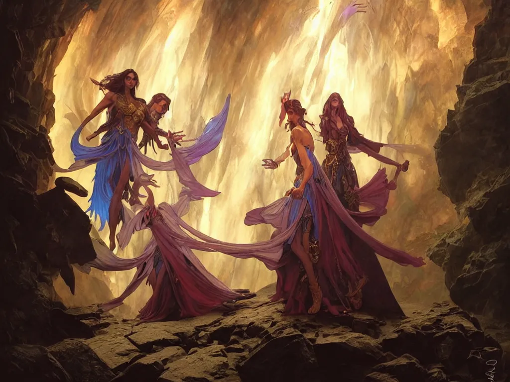 Image similar to painting of powerful stylish sorcerer and a cleric banishing demons in a dark cave with a rainbow spell, ultra realistic, concept art, intricate details, eerie, highly detailed, photorealistic, octane render, 8 k, unreal engine. art by artgerm and greg rutkowski and magali villeneuve and alphonse mucha