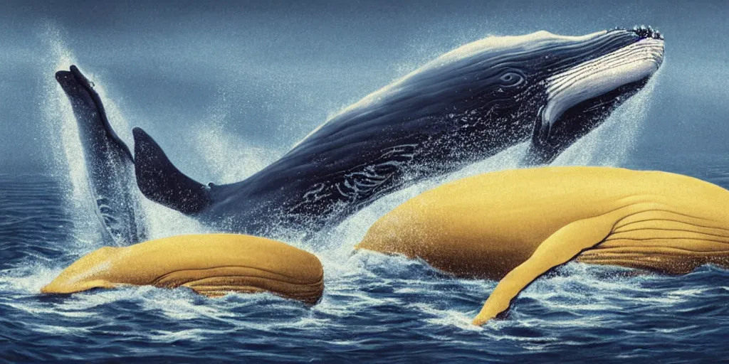 Image similar to realistic scene of whales, golden, delicate, hyper realism, 1 4 5 0, ink, ultra realistic, 8 k