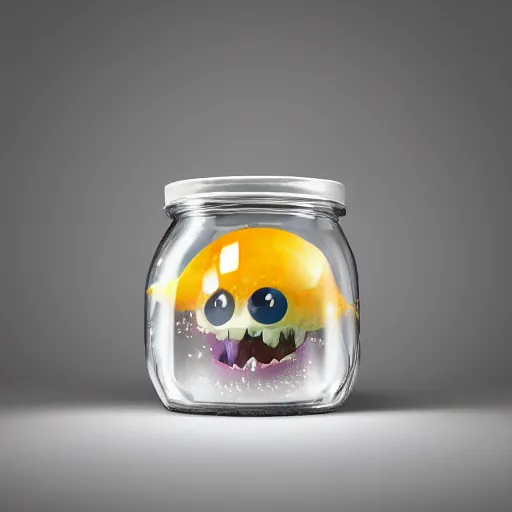 Image similar to cute monster in a jar by Greg Rutkowski, product photography, centered, studio lightning