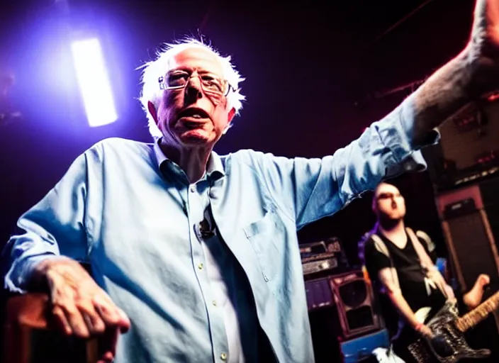 Image similar to publicity photo still of bernie sanders in a punk band playing live on stage, 8 k, live concert lighting, mid shot