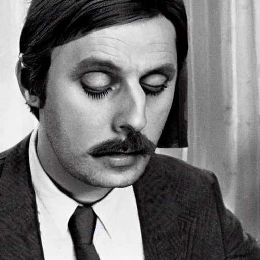 Prompt: Krzysztof Krawczyk in a still from a Polish black and white comedy movie The Cruise (1970)