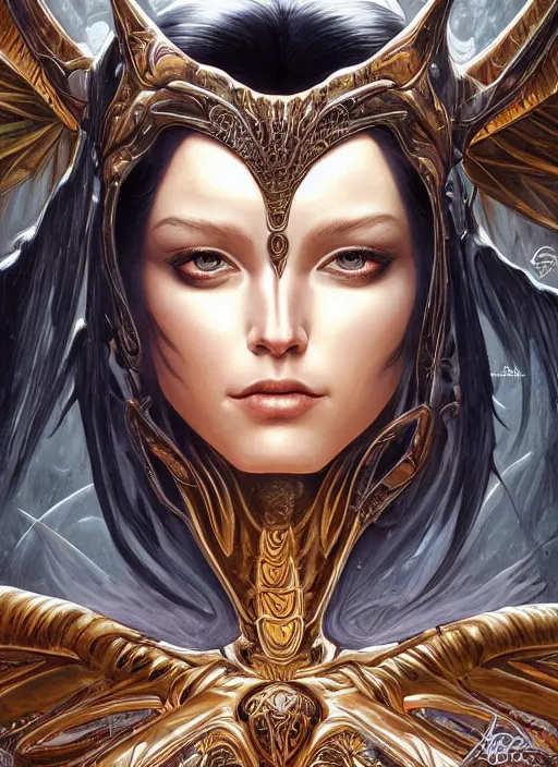 Image similar to a highly detailed symmetrical painting of a female model fantasy amazon with piercing beautiful eyes, trending art by artgerm and karol bak and mark brooks and donato giancola and bayard wu and gustav moreau and wayne barlowe