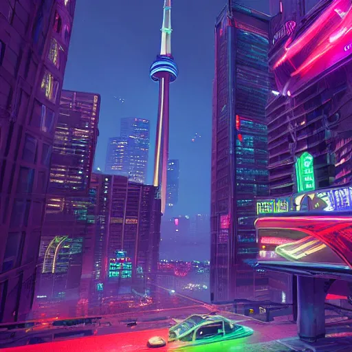 Prompt: Neon cyberpunk cityscape of Toronto with flying cars and advertisement screens, Blender 3D, Unreal Engine, 8k, by Jordan Grimmer and Andrea Pozzo