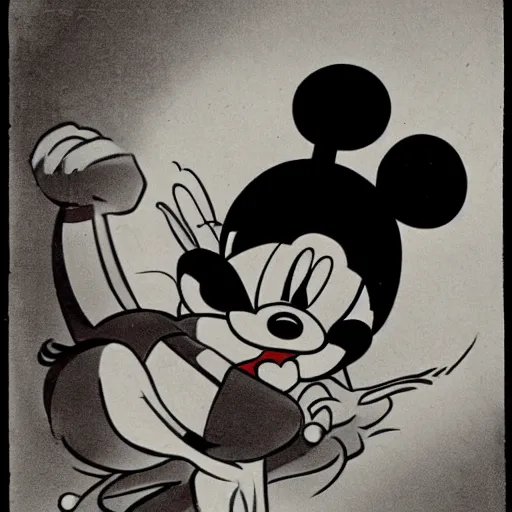 Image similar to vintage 1 9 3 0 s mickey mouse devouring a bloody fish
