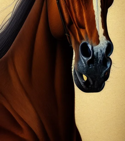 Prompt: portrait of a horse with heightened detail, poised, intense emotion, detailed facial expression, detailed surroundings, intricate, elegant, highly detailed, centered, digital painting, artstation, concept art, smooth, sharp focus, illustration, by ( leonardo da vinci ), wlop