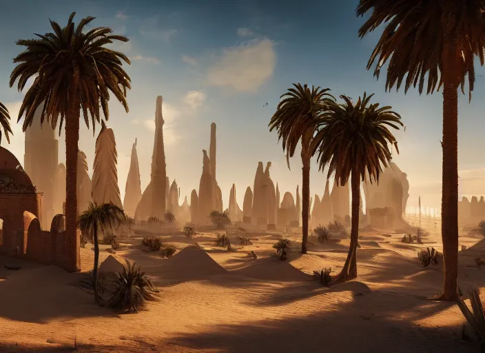 Prompt: architectural cover concept art of the lost sand city, ruins, golden towers, golden pillars, palm trees, dramatic ,digital art, art station, unreal engine 8k