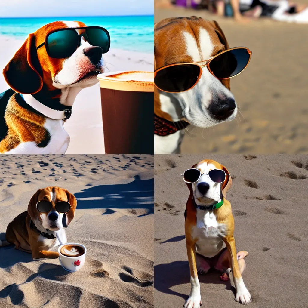 Prompt: a beagle with sunglasses is relaxing and drinking a capuccino on the beach