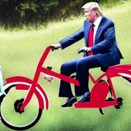 Image similar to realistic render of vladimir putin and donald trump riding a tandem bike