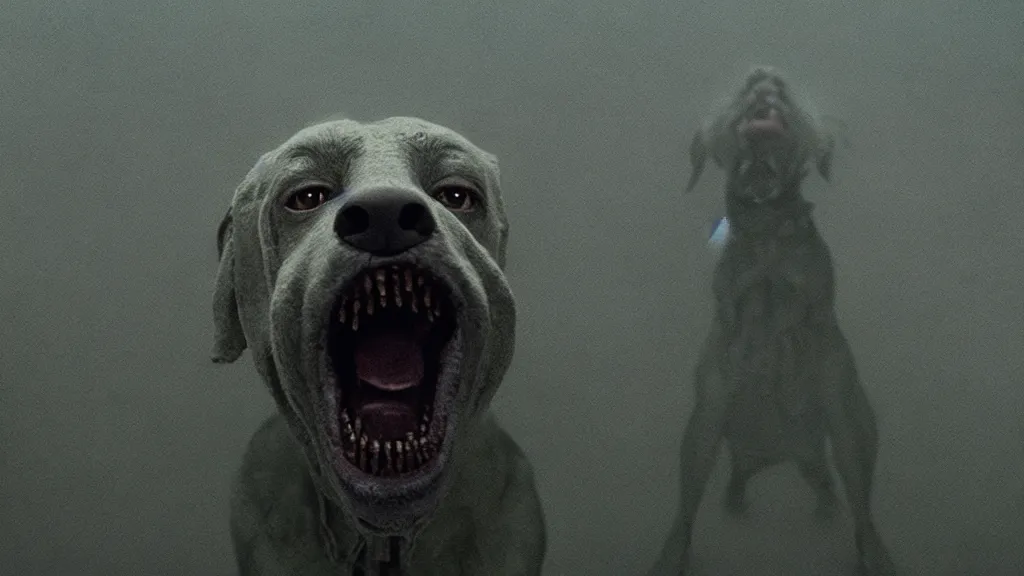 Image similar to the strange dog who sneers, film still from the movie directed by denis villeneuve and david cronenberg with art direction by salvador dali and zdzisław beksinski, wide lens