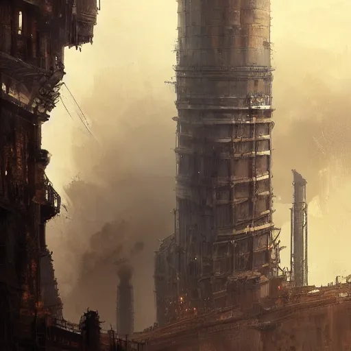 Image similar to highly detailed concept art of monumental chimney of the huge steelworks in the steampunk city center trending on Artstation by Daniel Dociu and Greg Rutkowski, high quality, dieselpunk, architecture, frostpunk, pollution and smoke, rusty