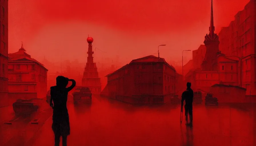 Prompt: only with red, soviet communism city atmosphere with soviet flag, in the style of beksinski and rodcenko and yue minjun and cory loftis, intricate and epic composition, red by caravaggio, highly detailed, masterpiece, red light, artstation, art nouveau