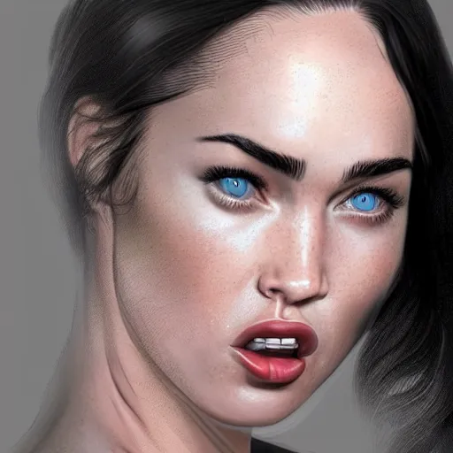 Image similar to megan fox sticking her tongue out. hyperrealistic portrait, photo realistic, poster, artstation, volumetric lighting, digital art, very detailed face by sam carr and by richard meril