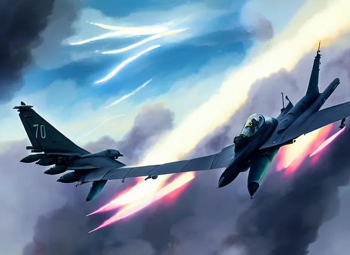 Prompt: portrait of figther jet evading, smoky sky background, lush landscape, illustration concept art anime key visual trending pixiv fanbox by wlop and greg rutkowski and makoto shinkai and studio ghibli and kyoto animation, ace combat 7 skies unknown, f 1 6 mixed panavia tornado, symmetrical