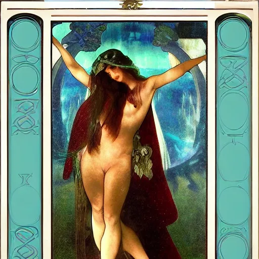 Image similar to Demon Girl at the palace, refracted sparkles, thunderstorm, greek pool, beach and Tropical vegetation on the background major arcana sky, by paul delaroche, alphonse mucha and arnold böcklin, hyperrealistic 8k, award-winning, very very very detailed