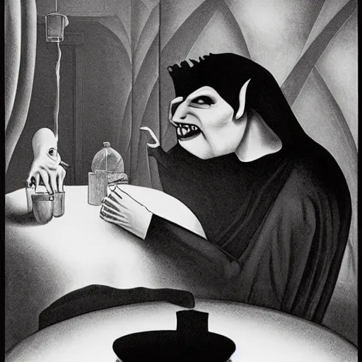 Prompt: Nosferatu and Elvis sitting down at a restaurant, Chris Van Allsburg