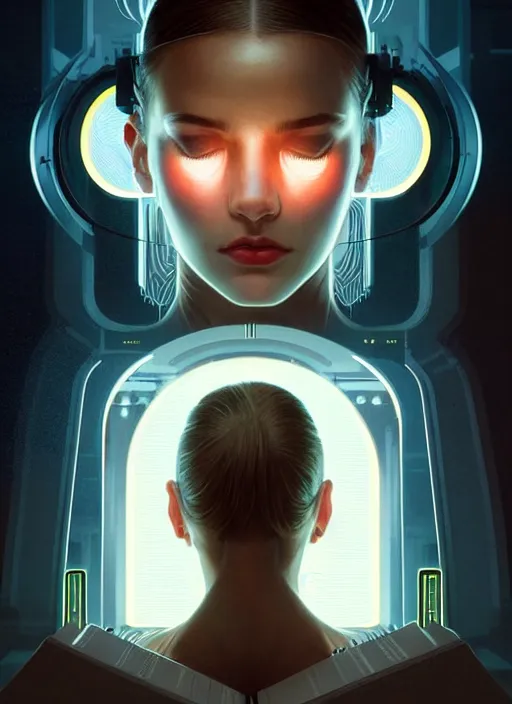 Image similar to symmetry!! centered head on closeup portrait of a girl reading multiple books, sci - fi -, cyberpunk, blade runner, glowing lights, tech, biotech, techwear!! intricate, elegant, highly detailed, digital painting, artstation, concept art, smooth, sharp focus, illustration, art by artgerm and greg rutkowski and alphonse mucha