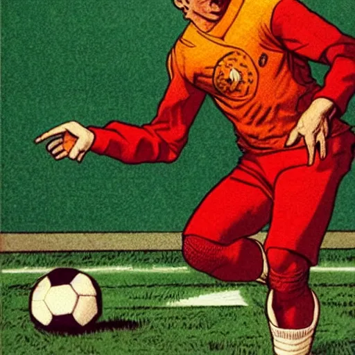 Prompt: a blonde man studying a soccer ball. happy, colorful Epic portrait by james gurney and mœbius.