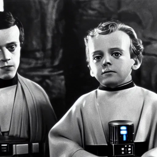 Prompt: film still of young alec guiness and young sebastian shaw as jedis in new star wars movie, dramatic lighting, highly detailed face, kodak film, wide angle shot,