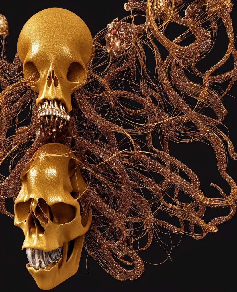 Image similar to fully black background. background hex 000000. goddess princess face close-up portrait ram skull. sculpture made of gold and decorated with brilliants. jellyfish phoenix head, nautilus, orchid, skull, betta fish, bioluminiscent creatures, intricate artwork by Tooth Wu and wlop and beeple. octane render, trending on artstation, greg rutkowski very coherent symmetrical artwork. cinematic, hyper realism, high detail, octane render, 8k