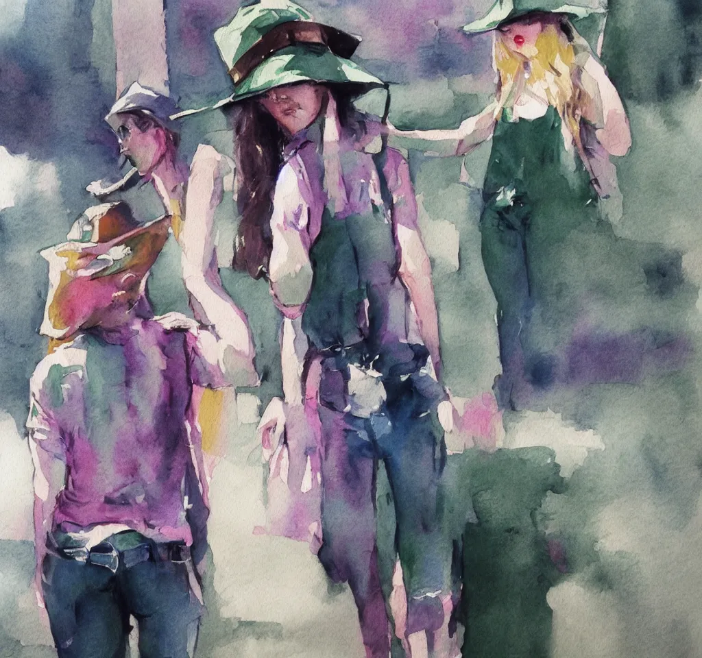 Prompt: cowgirl in bucket hat dark green skinny jeans waits at sunny urban Seattle Metro bus stop watercolor pastel painting artstation