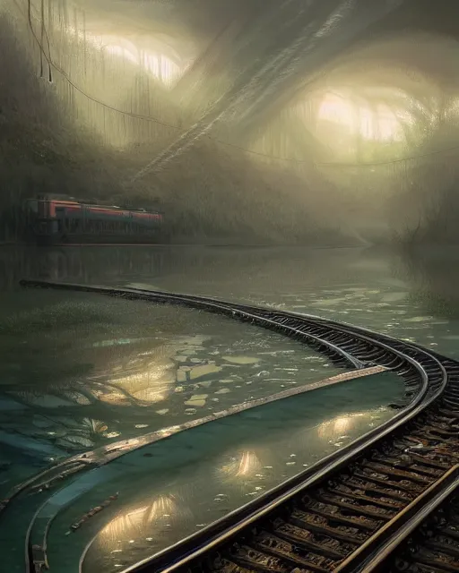 Prompt: train tracks stretching out toward the horzon that are submerged under a few inches of water in a wide pool of water, intricate, elegant, highly detailed, digital painting, artstation, concept art, smooth, sharp focus, illustration, art by artgerm and greg rutkowski and fra angelico