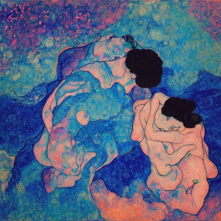 Image similar to close portrait of woman and man kissing. aurora borealis. iridescent, psychedelic lapis - lazuli, turquoise colors. painting by egon schiele, agnes pelton, utamaro, monet