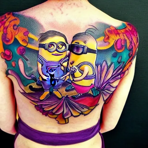 Prompt: tattoo of female on minion back, epic, colorful, beautiful, intricate detail