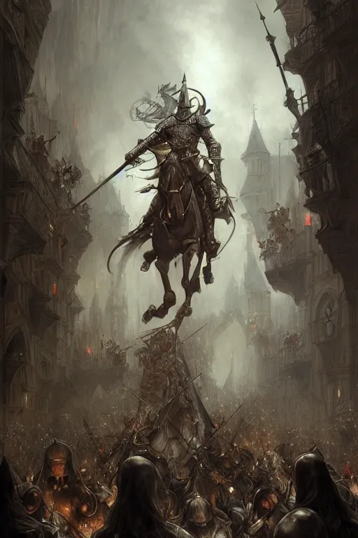 Image similar to medieval parade of knights, holiday, by wlop, by luis royo, by peter mohrbacher, concept art, digital illustration, intricate, masterpiece, elegant, super detailed, unreal engine rendering, smooth, sharp focus, artstation hq