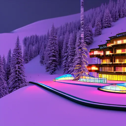 Image similar to : hyperbolic psychedelic ski resort, luxury, modern architectural plans hyper - realistic, detailed, render by c 4 d octane, unreal engine, 8 k 3 d render ray traceing