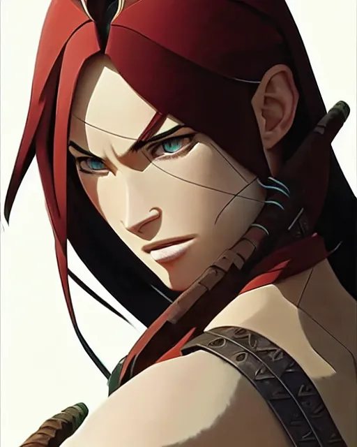 Image similar to azctec warrior, megan fox, detailed perfect face, exquisite details, fire magic, mid view, design on a white background, by studio muti, greg rutkowski makoto shinkai takashi takeuchi studio ghibli