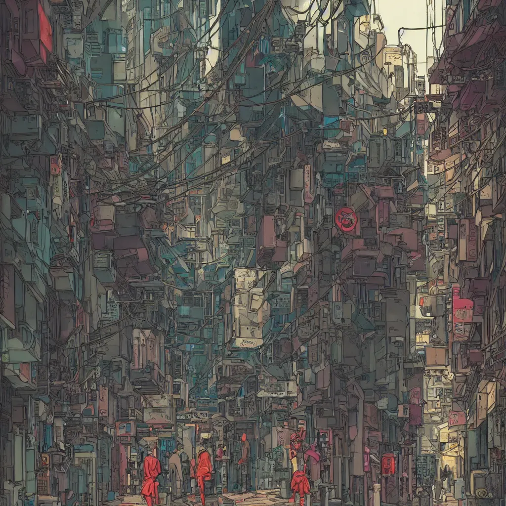 Image similar to a cyberpunk hong kong alley with robots and humans walking around by moebius