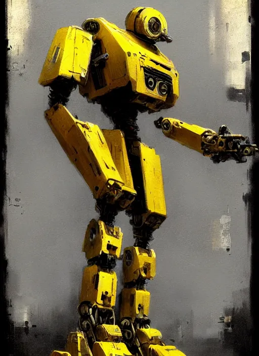 Image similar to tall strong intricate yellow pit droid, painterly mecha, by Greg Rutkowski