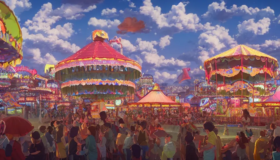 Image similar to A highly detailed matte painting of an old fashioned carnival with a bright shimmering sky by Studio Ghibli, Mokoto Shinkai, by Artgerm, by beeple, volumetric lighting, octane render, 4K resolution, trending on artstation, vivid colours