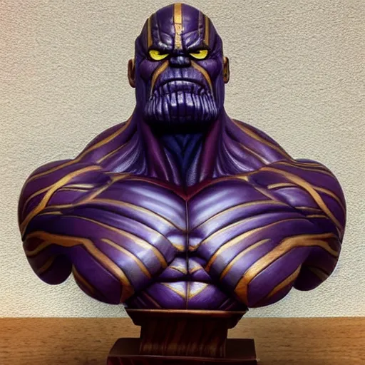 Image similar to a completely made of wood, real - world sculpture bust of the thanos marvel character, made of highly polished walnut wood, polished, cedar, polished tiger - wood. photograph, photographic, 3 5 mm