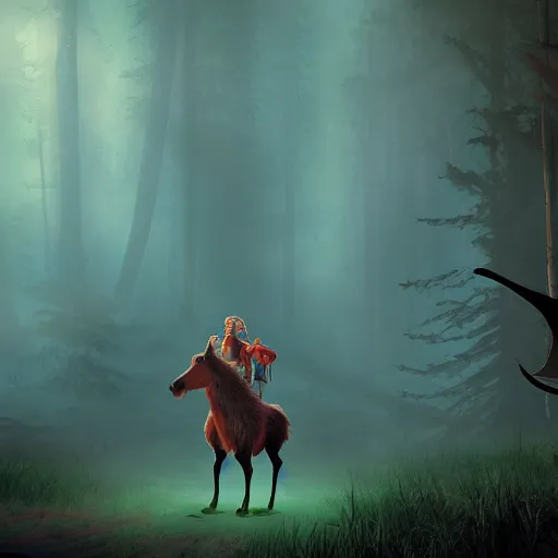 Prompt: medium shot native american with animal companion, in a dark forest, mysterious, backlit, still from a pixar dreamworks movie, trending on artstation